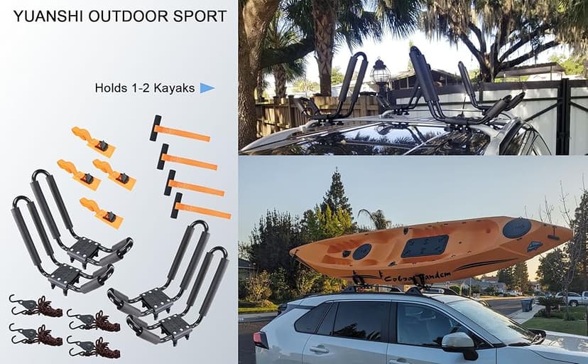 Kayak Roof Rack 2 Pairs Heavy Duty J-Bar Carrier Holder for Canoe, SUV, Cars, Truck, Surf Ski, Tie-Mount on Car Roof Top Crossbar for Trip - Includes 8 Pcs Ratchet, Set of 4