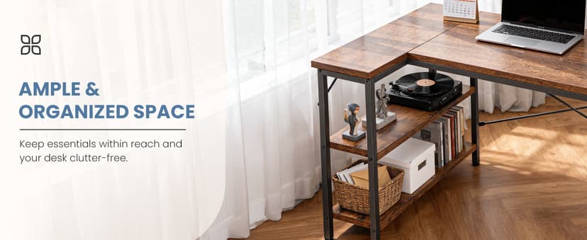 DUMOS L Shaped Desk 47 Inch Computer Desk Gaming Furniture Corner Desks Home Office PC Table with Reversible Storage Shelves for Writing Working Study Bedroom Dorm, Rustic Brown