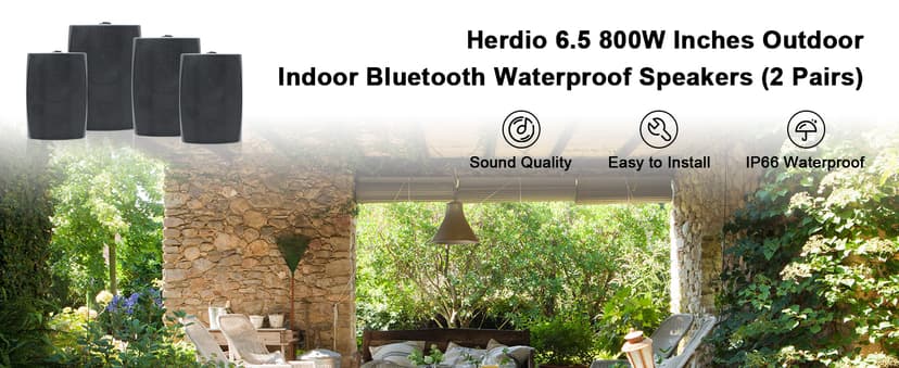 Herdio 6.5 Inch 800W Outdoor Bluetooth Speakers Wired Waterproof with Multifunctional Amplifier, Wall Mount Speaker for Patio Home Poolside Deck Backyard(2 Pairs,Black)