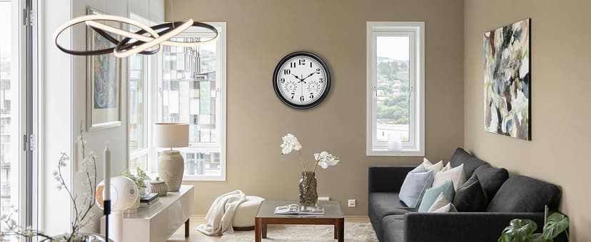 45MinST 13-Inch Vintage Outdoor Wall Clock with Thermometer and Hygrometer, Waterproof, Large Numbers, Silent, for Indoor and Outside Use,Porch,Garden,Pool(Black Frame with Silver Trim)