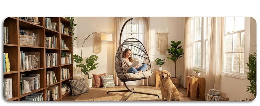 NICESOUL Hanging Egg Chair with Stand Indoor Outdoor, Comfy Patio Rattan Swing Hammock Chairs with Cushion, 350lbs Capacity Egg Shaped Chair for Lawn Backyard Balcony Bedroom, Birthday Gift, Beige