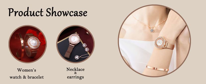 Watches Sets for Women, Rose Gold Watch Set Necklace Earring Bracelet 4 Pieces Jewelry Set for Mom Wife Girlfriend