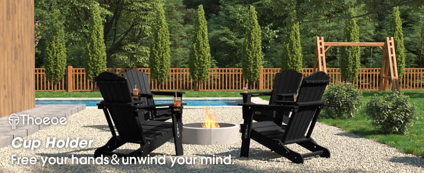 THOEOE Folding Adirondack Chair,HDPE All-Weather Outdoor Chair with Cup Holder,Wooden Textured,Fire Pit Chair,Plastic Patio Chair for Deck,Backyard,Garden,Lawn, Black
