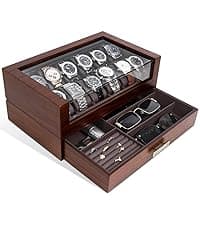 KAMIER High End Watch Box for Men, 12 Slot Wooden Watch Case With Drawer, Watch Display Box with Glass Lid, 2-Layer Watch Holder for Jewelry and Watch Storage for Men Women , Ideal for Gift (With Gift Box)