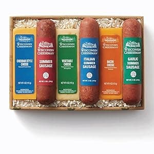 The Wisconsin Cheeseman 6-Piece Meat & Cheese Collection – Summer Sausage Meats and Cheeses Gift Basket for Adults, Women & Men – Holiday Charcuterie Board, Thank You Gifts