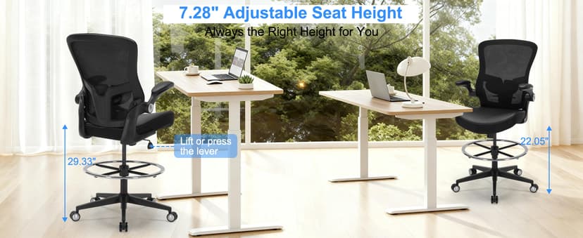 Drafting Chair 400lbs Heavy Duty Tall Office Chair Big and Tall Ergonomic Standing Desk Chair with Lumbar Support and Adjustable Footrest Ring, Comfy Mesh Wide Chair with Flip-up Armrests, Black