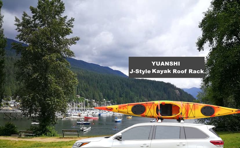 Kayak Roof Rack 2 Pairs Heavy Duty J-Bar Carrier Holder for Canoe, SUV, Cars, Truck, Surf Ski, Tie-Mount on Car Roof Top Crossbar for Trip - Includes 8 Pcs Ratchet, Set of 4