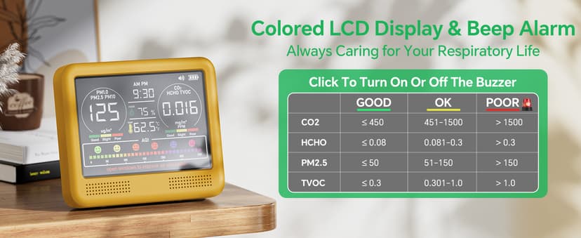 16-in-1 Indoor Air Quality Monitor with PM1.0,PM2.5,PM10,CO2,HCHO,TVOC,Temperature,Humidity,Time Display &7 AQI Alarms – Professional Air Quality Tester for Home, Office & Indoor Use