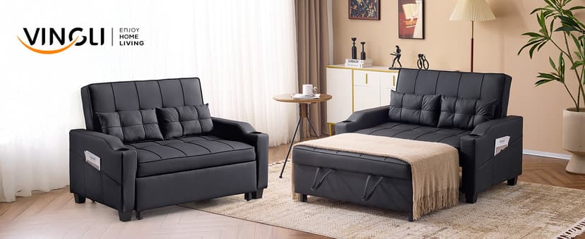 VINGLI Black Futon Sofa Bed Convertible Loveseat Sleeper Couch, Faux Leather Pullout Sofa Fold Out Couch Bed with USB Ports, Cup Holders, Armrest for Living Room, Bedroom Apartment Room