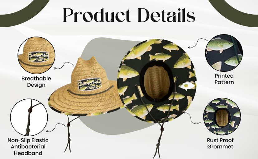 KC Republic Fabric Pattern Print Straw Sunhat Men & Women, Lifeguard Hat, Beach, Swim, Cruise, Paddle Board, Boat, Fishing, Fits All