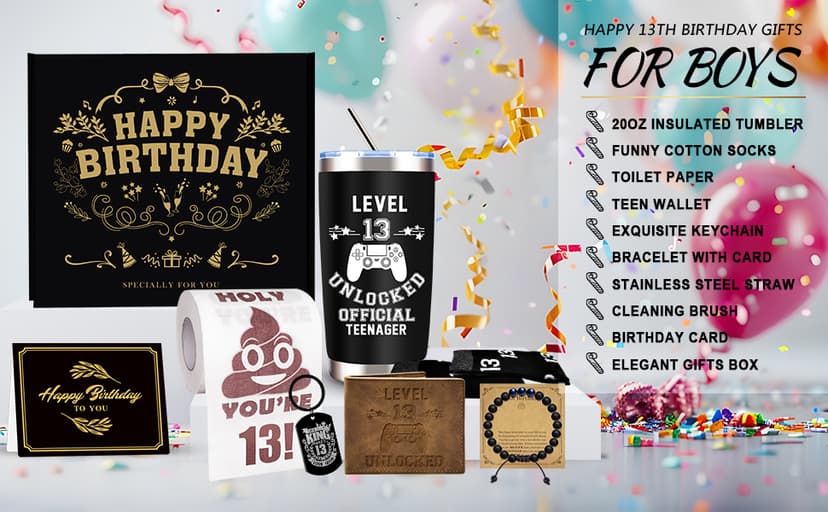 JTAMOHI 8 Pcs Happy 13th Birthday Gifts for Boys, 13 Year Old Boy Birthday Gifts Ideas with 20 Oz Tumbler, Funny Socks, Toilet Paper, Teen Wallet, Bracelet, Keychain for Son, Nephew, Grandson, Brother B0DSPNCMLB