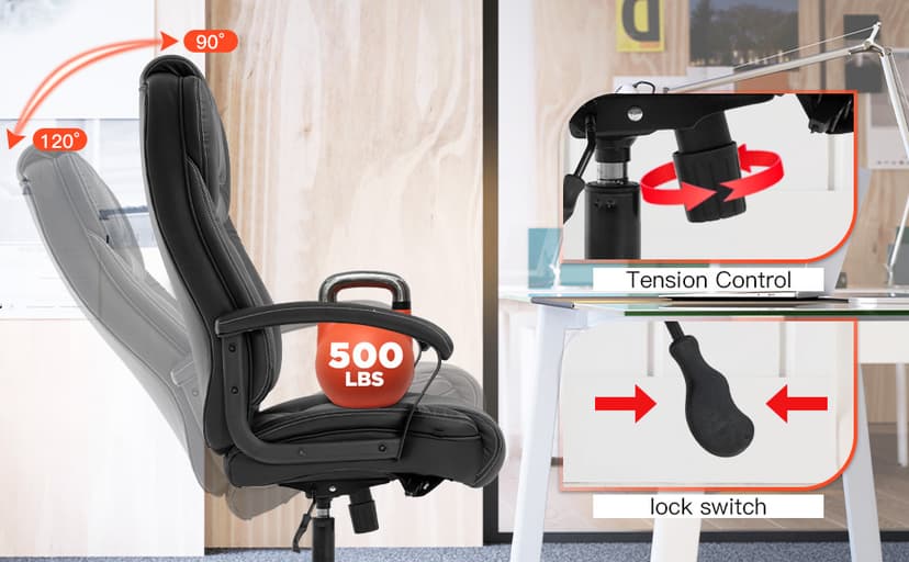 BestMassage Big and Tall Office Chair 500lbs Wide Seat Ergonomic Desk Chair with Lumbar Support Arms High Back PU Leather Executive Task Computer Chair for Heavy People Women,Black