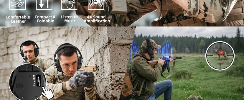 Rechargeable Shooting Protection Earmuffs with 4X Sound Amplification, Automatic Noise Cancelling Headphones Electronic Ear Muffs Music Volume Adjustable Folding for Hunting Racing Mowing