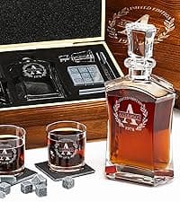 Personalized Whiskey Decanter and Stones Set - Customized Gift for Him - Men, Dad, Father - Engraved Twisted Decanter,2 Twisted Glasses, 2 XL Chilling Balls, Coasters, Tongs in Wooden Gift Box