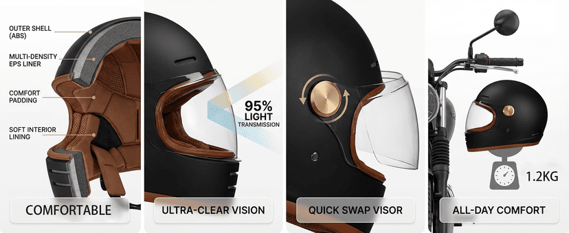 Retro Motorcycle Helmet for Adults?Vintage Full Face Helmet with Ventilation System, Waterproof Design for Motorcycle Riding