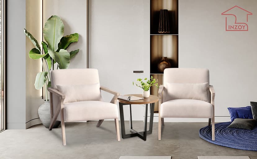 INZOY Mid Century Modern Chair with Wood Frame, Upholstered Armchair with Waist Cushion, Accent Chair for Living Room Bedroom Apartment, Easy Assembly, Beige