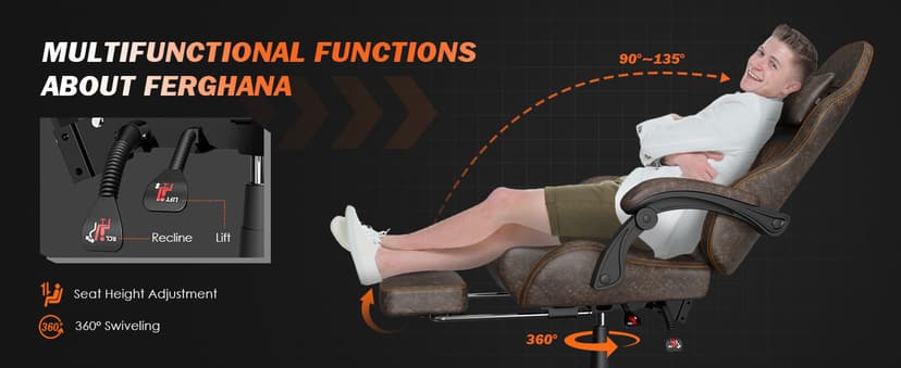 Ferghana Vintage PU Leather Gaming Chair, High Back Gamer Chair with Massage, Ergonomic Computer Office Chair with Footrest for Adults, Racing Style Reclining Video Game Chair Chestnut Brown