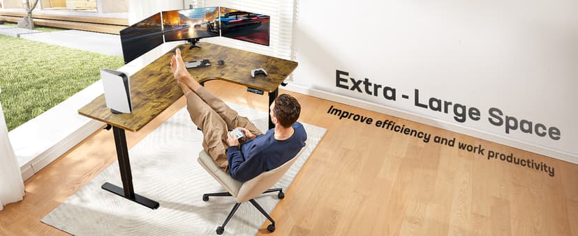 HUANUO 63″ L-Shaped Standing Desk, Built-in Power Outlets, Electric Height Adjustable Corner Computer Desk, Large Power Strip Holder, Sit Stand Up Desk with 3 Preset Heights, Vintage Brown