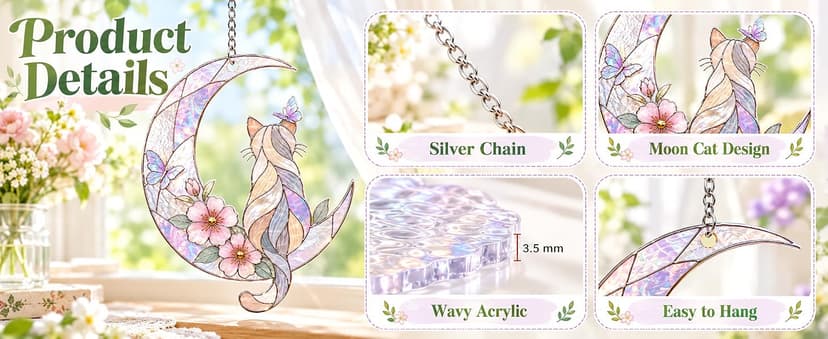 Wavy acrylic suncatcher featuring winged cat moon artwork, designed as a window hanging ornament for home décor and spaces Cat Suncatcher, Pet Memorial Gifts, Window Hanging Ornament 3 (6 Inches) B0HFW19G7L