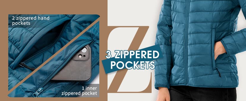 Outdoor Ventures Women's Packable Lightweight Full-Zip Puffer Jacket with Hood Quilted Winter Coat