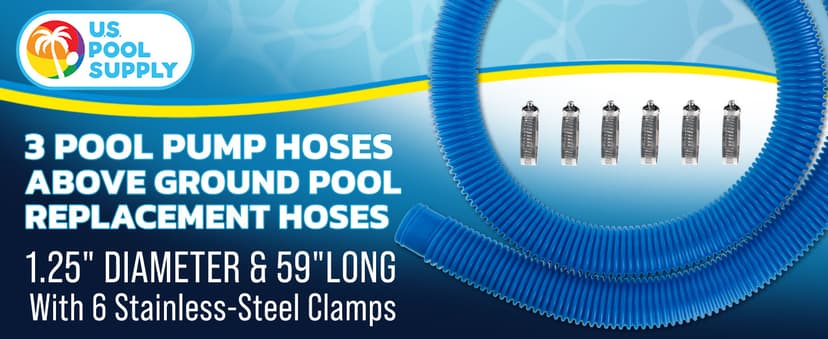 U.S. Pool Supply Above Ground Pool Hose Replacement 1.25" Diameter x 59" Long, Pack of 3 - Blue Premium Pool Filter Pump Hoses Compatible with Intex 607, 637 Pumps, 330, 530, 1000 GPH - 6 Metal Clamps