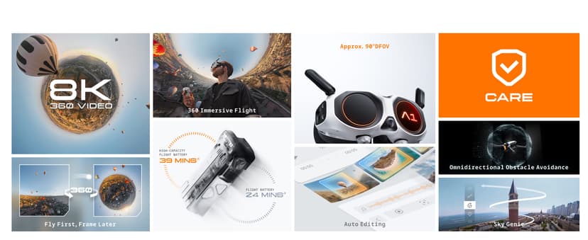 Antigravity A1 Infinity Bundle (3 High-Capacity Batteries) - 8K 360 Drone for Immersive Flight, Point-to-Fly Motion Control, Obstacle Avoidance, Deep Track, Auto Return, 10km Transmission, Auto Edit