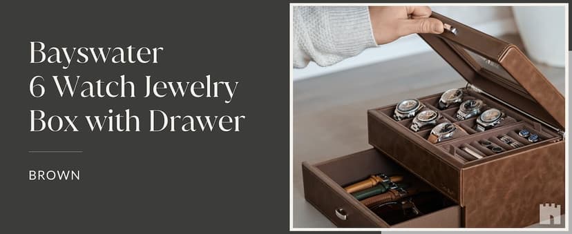 TAWBURY 6 Slot Watch Box for Men - Luxury Watch Jewelry Box for Men with Storage for Sunglasses, Cufflinks | Men's Jewelry Box with Watch Storage | Watch Display Case (Brown)