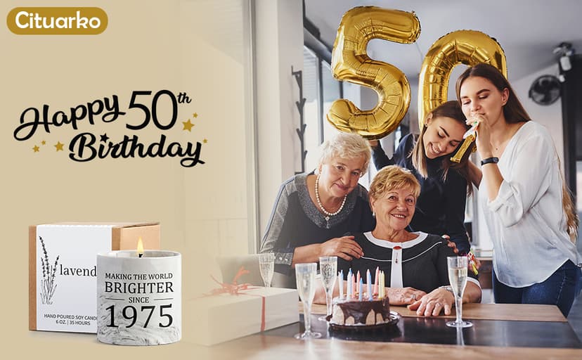 50th Birthday Gifts for Her - Gift for 50 Year Old Birthday Woman - 1975 Bday Gifts for Women - 50 Year Old Present Idea for Her Him, 6oz Lavender Ceramics Candle