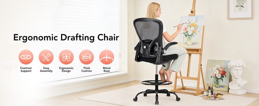 Drafting Chair, Tall Office Chair for Standing Desk, Mesh High Desk Chair with Flip-Up Armrests, Ergonomic Office Chair with Lumbar Support, Adjustable Footrest Ring Studio Chair, Black
