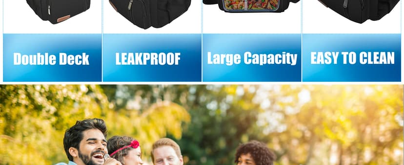 MIYCOO Lunch Bag & Lunch Box for Men Women, Double Deck Leakproof Insulated Soft Large Adult Camping Cooler bag for Work, Beach, Picnic, Travel (Black, 15L)