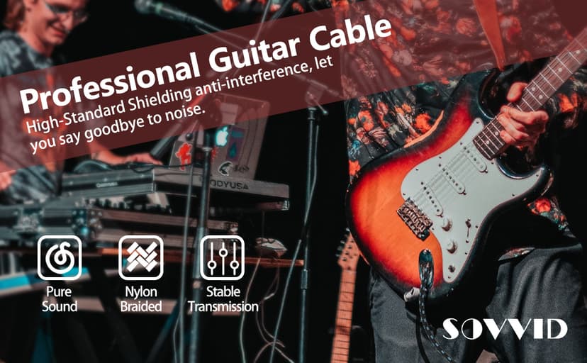 Sovvid 10FT Instrument Cable - Electric Guitar & Bass Cable with Right Angle 1/4 Inch Connector - Black & Bluetest