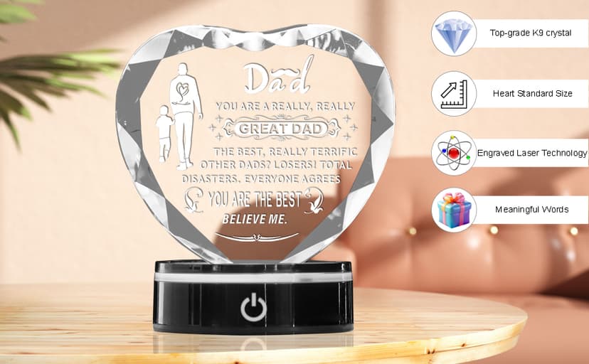 Inspiring Laser Engraved Heart-Shaped Crystal lamp, a Gift for The Best dad, a Gift for Children to give to Fathers, preparing for Dad's Birthday, Father's Day, Christmas, and Valentine's Day