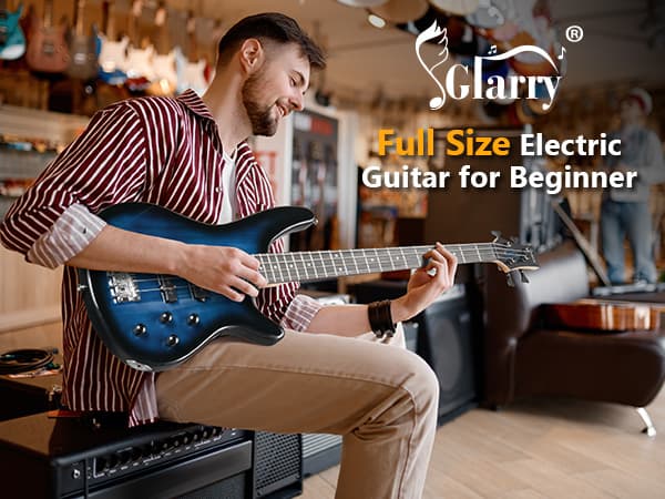 GLARRY 4 String Electric Bass Guitar Beginner Kit, GIB Series Full Size Solid Body Bass Guitar with 20W AMP, Gig Bag Backpack and Accessories (Dark Blue)