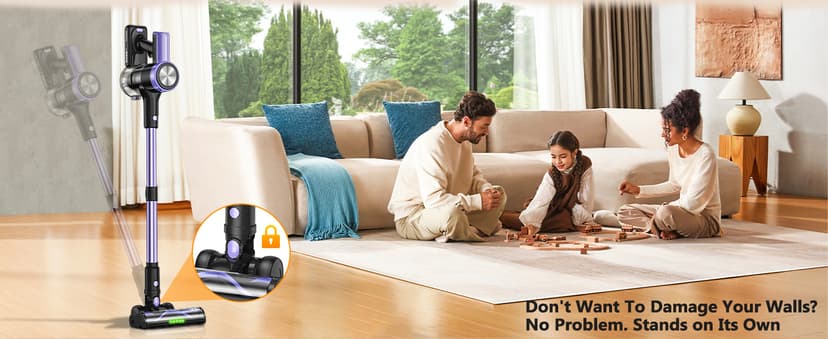 Cordless Vacuum Cleaner, 46KPa/500W Stick Vacuum with 55 Mins Runtime, Self-Standing Vacuum Cleaner for Home, LED Display, Anti-Tangle Brush, Rechargeable Vacuum for Hardwood Floor, Pet Hair (Violet)