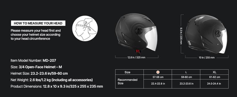 VEVOR Motorcycle Helmet, 3/4 Open Face, Adult Motocross Dirt Bike Helmet with Clear Visor, Comfortable Motorbike Racing Street with Detachable Liner for Men & Women, DOT Approved