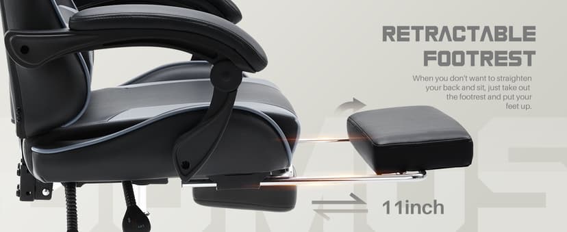 DUMOS Ergonomic Gaming Office Desk Chair with Footrest and Headrest for Adults, PU Leather Video Computer Chair with Linkage Armrests, Height Adjustable 360° Swivel Recling Chair, Black Grey