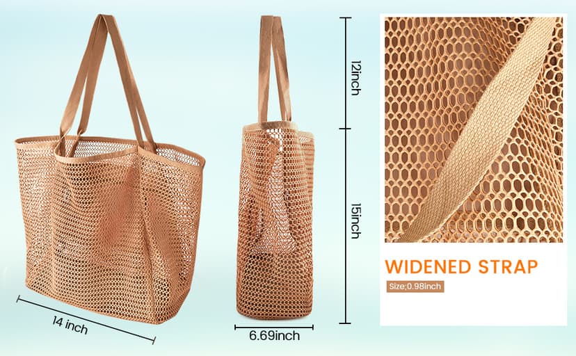 HOHOM Beach Bags for Women, Summer Travel Mesh Tote Bag with Large Inner Pocket, Sandproof Woven Shoulder Handbag
