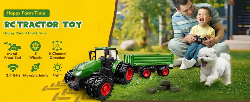 Remote Control Tractor Toy, Kids RC Tractor Set & Truck and Trailer Front Loader - Metal Car Head/8 Wheel/Light, Toddlers Farm Vehicle Toys for 3 4 5 6 7 8 9 Year Old Boys Girls Birthday Gift