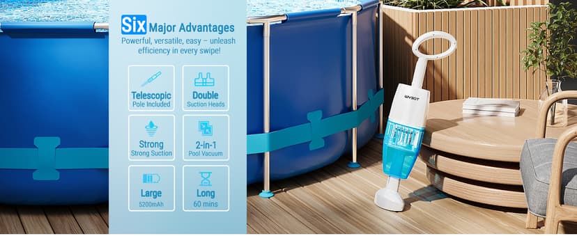 (2025 New) WYBOT Hyson 100 Handheld Pool Vacuum with Two Brush Heads, Cordless Pool Vacuum for Above Ground Pool, Telescopic Pole, 60 Mins Runtime, Deep Cleaning for Spa/Hot Tub/Small Pool