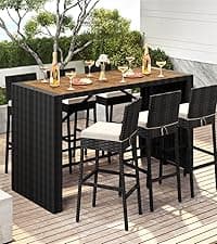 Yaheetech 7 Piece Patio Furniture Set, Outdoor Dining Acacia Wood Table Top Rattan Conversation Set with Soft Cushions, 6 Chairs & 1 Table for Backyard, Deck, Garden & Yard, Black/Beige