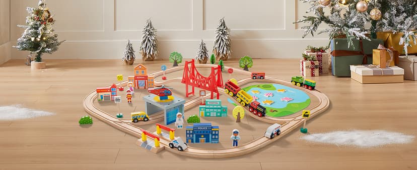 Tiny Land 110PCS Wooden Train Set – Toy Train with Tracks for Kids Ages 3-7, Compatible with Major Brands, Ideal Railway Playset for Boys and Girls, Great Birthday