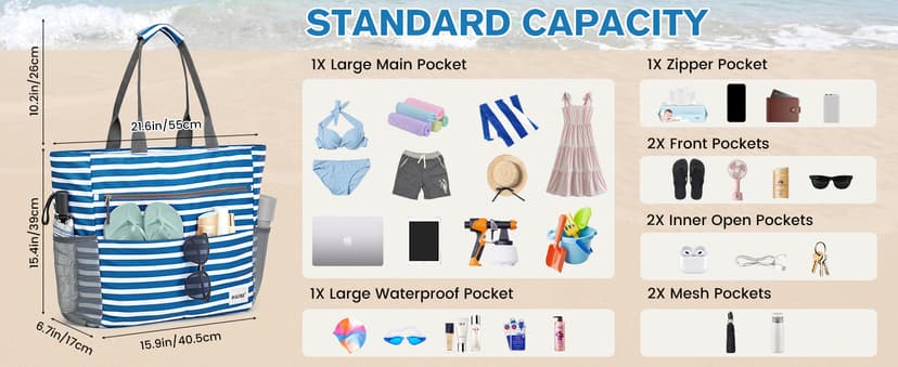 G4Free Beach Bag, Waterproof Sandproof Beach Tote Bag, Large Capacity Foldable for Women