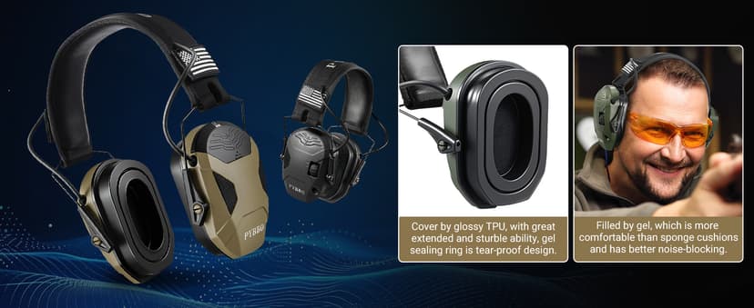 PYBBO Shooting Ear Protection with Gel Ear Pads, NRR 23dB Active Noise Reduction & 3X Sound Amplification Gun Range Earmuffs