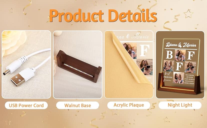 Personalized Best Friend Birthday Gifts for Women, Unique Friendship Gifts, Custom Acrylic Night Light Friend Picture Frame with Photo Name, Long Distance BFF Sister Bestie Christmas Gift