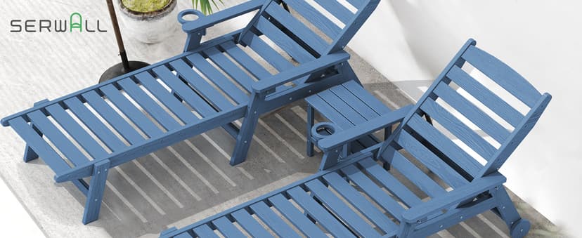 SERWALL Patio Chaise Lounge Chair Set of 2, 78'' Long 5-Positions Adjustable HDPE Outdoor Lounger for Pool, Poly Lounge Chair with Rolling Wheels & Cup Holder for Poolside, Deck, Blue