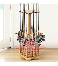 Ghosthorn Fishing Rod Holders for Garage 360 Degree Rotating Fishing Pole Rack, Floor Stand Holds up to 16 Rods Wood Fishing Gear Equipment Storage Organizer, Fishing Gifts for Men Women