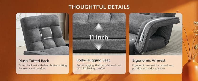 STHOUYN Comfy Floor Chair Bedroom 2 USB Charging Ports, 5-Position Couch Gaming Lounge Chairs Adults, Indoor Folding Lazy Sofa Meditation Arm Dorm Chair Living Room (Grey)