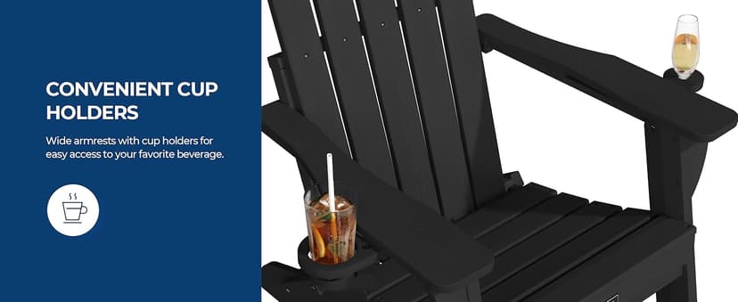 Folding Adirondack Chair,All-Weather HDPE Fire Pit Chair with 2 Cup Holders, Plastic Outdoor Chair for Patio Deck Garden Lawn, Black