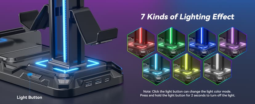 KDD Headset Stand with Charging Station - Detachable Controller Holder with 9 Light Modes - Rotatable Headphone Hanger with USB A&C Charger Ports - Earphone Hook for PC Gaming Accessories Storage B0DGGH8KN1