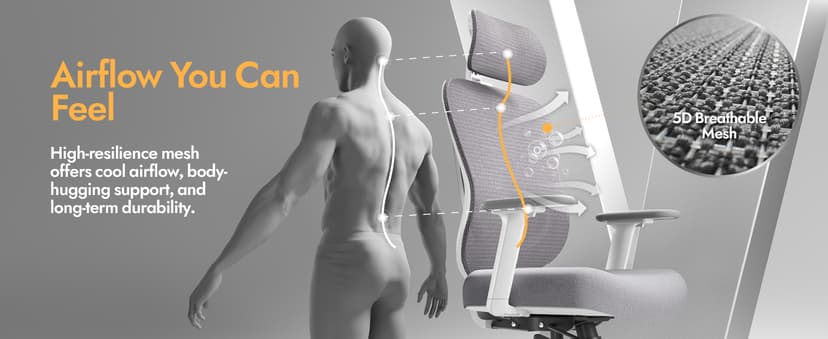 HOLLUDLE Ergonomic Mesh Office Chair - 3D Adjustable Lumbar Support & 3D Armrests, V-Shaped Back, Adjustable Desk Chair for Office & Home, White